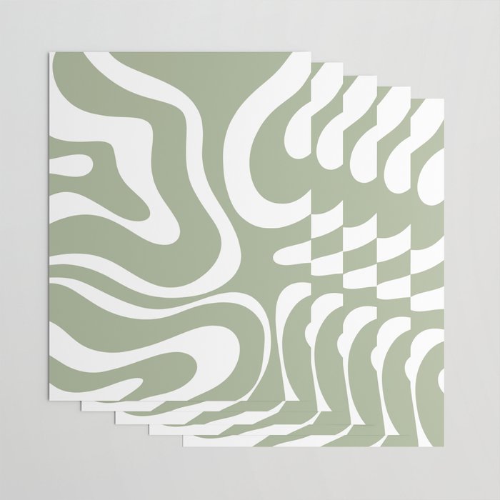 Modern Retro Liquid Swirl Abstract Pattern in Muted Sage Green and White Wrapping Paper Gallery Image 3