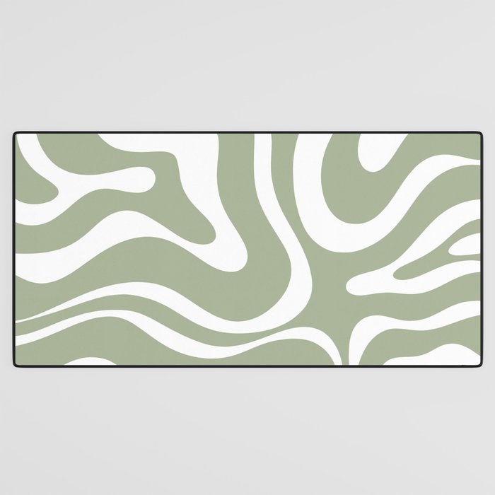 Modern Retro Liquid Swirl Abstract Pattern in Muted Sage Green and White Desk Mat Gallery Image 3