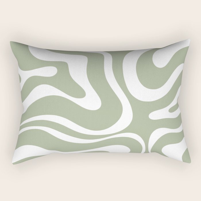 Modern Retro Liquid Swirl Abstract Pattern in Muted Sage Green and White Rectangular Pillow Gallery Image 2
