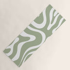 Modern Retro Liquid Swirl Abstract Pattern in Muted Sage Green and White Yoga Mat Gallery Image 1