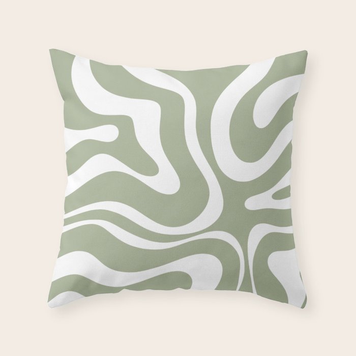 Modern Retro Liquid Swirl Abstract Pattern in Muted Sage Green and White Throw Pillow Gallery Image 6