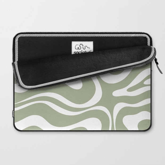 Modern Retro Liquid Swirl Abstract Pattern in Muted Sage Green and White Laptop Sleeve Gallery Image 2