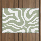 Modern Retro Liquid Swirl Abstract Pattern in Muted Sage Green and White Outdoor Rug Gallery Image 1
