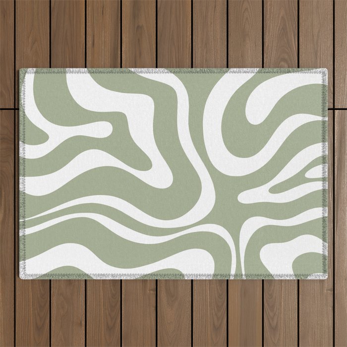 Modern Retro Liquid Swirl Abstract Pattern in Muted Sage Green and White Outdoor Rug Gallery Image 1