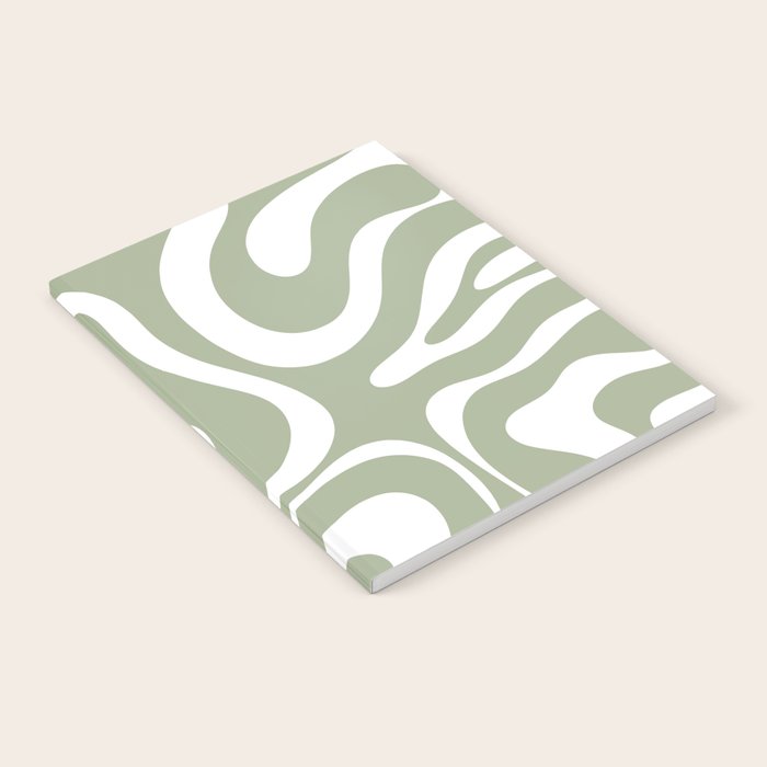 Modern Retro Liquid Swirl Abstract Pattern in Muted Sage Green and White Notebook Gallery Image 1