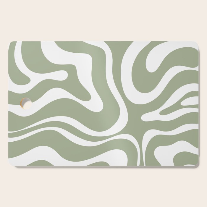 Modern Retro Liquid Swirl Abstract Pattern in Muted Sage Green and White Cutting Board Gallery Image 1