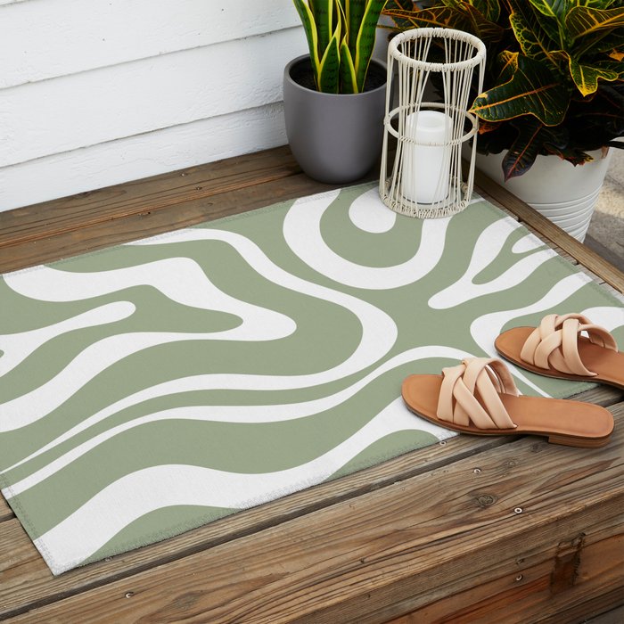 Modern Retro Liquid Swirl Abstract Pattern in Muted Sage Green and White Outdoor Rug Gallery Image 2