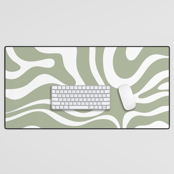 Modern Retro Liquid Swirl Abstract Pattern in Muted Sage Green and White Desk Mat Gallery Image 1