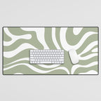 Modern Retro Liquid Swirl Abstract Pattern in Muted Sage Green and White Desk Mat Gallery Image 1