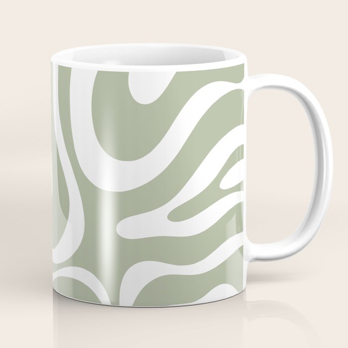 Modern Retro Liquid Swirl Abstract Pattern in Muted Sage Green and White Coffee Mug Gallery Image 1