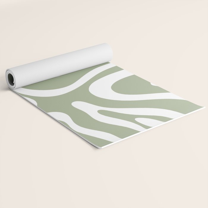 Modern Retro Liquid Swirl Abstract Pattern in Muted Sage Green and White Yoga Mat Gallery Image 2