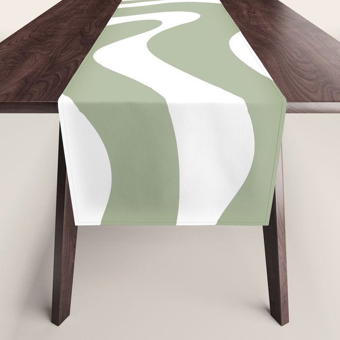 Modern Retro Liquid Swirl Abstract Pattern in Muted Sage Green and White Table Runner Gallery Image 1