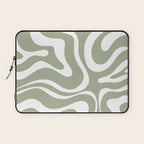 Modern Retro Liquid Swirl Abstract Pattern in Muted Sage Green and White Laptop Sleeve Gallery Image 1