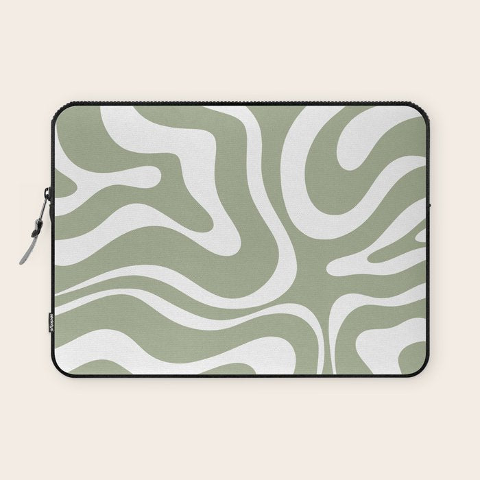 Modern Retro Liquid Swirl Abstract Pattern in Muted Sage Green and White Laptop Sleeve Gallery Image 1