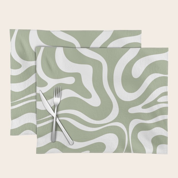 Modern Retro Liquid Swirl Abstract Pattern in Muted Sage Green and White Placemat Gallery Image 1