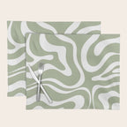 Modern Retro Liquid Swirl Abstract Pattern in Muted Sage Green and White Placemat Gallery Image 1