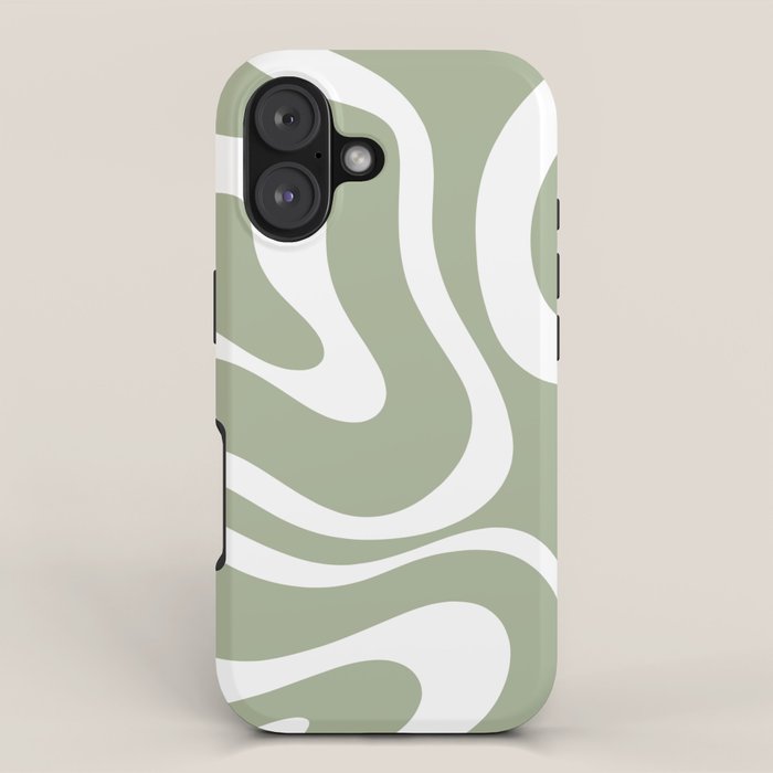 Modern Retro Liquid Swirl Abstract Pattern in Muted Sage Green and White iPhone Case Gallery Image 1