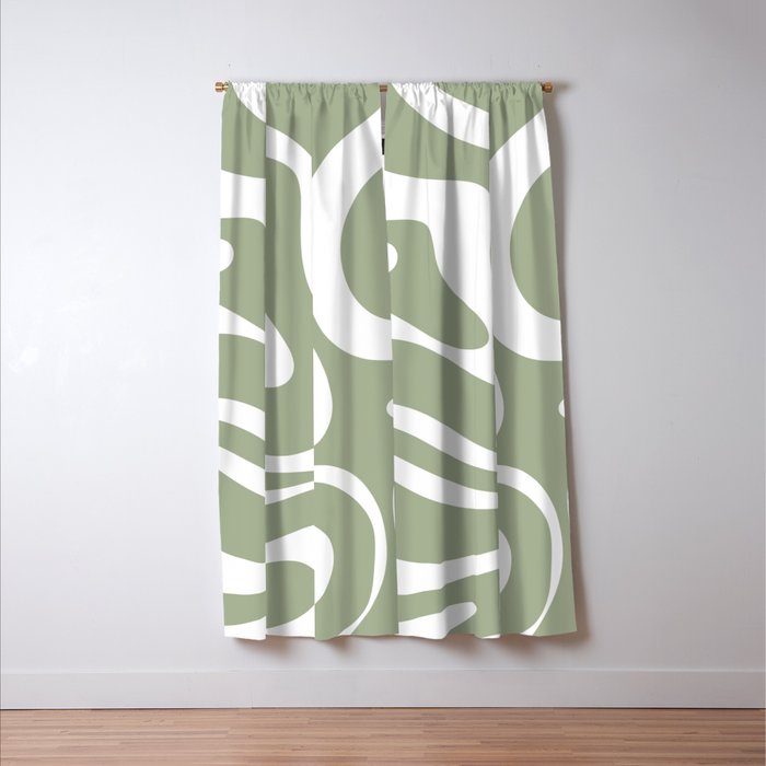 Modern Retro Liquid Swirl Abstract Pattern in Muted Sage Green and White Window Curtain Gallery Image 3