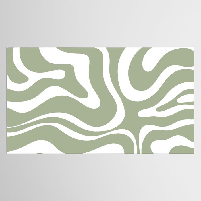 Modern Retro Liquid Swirl Abstract Pattern in Muted Sage Green and White Tablecloth Gallery Image 2
