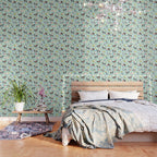 Horse and Flower Print, Mint Blue, Pink flowers, Equestrian, Spring Floral Wallpaper Gallery Image 3