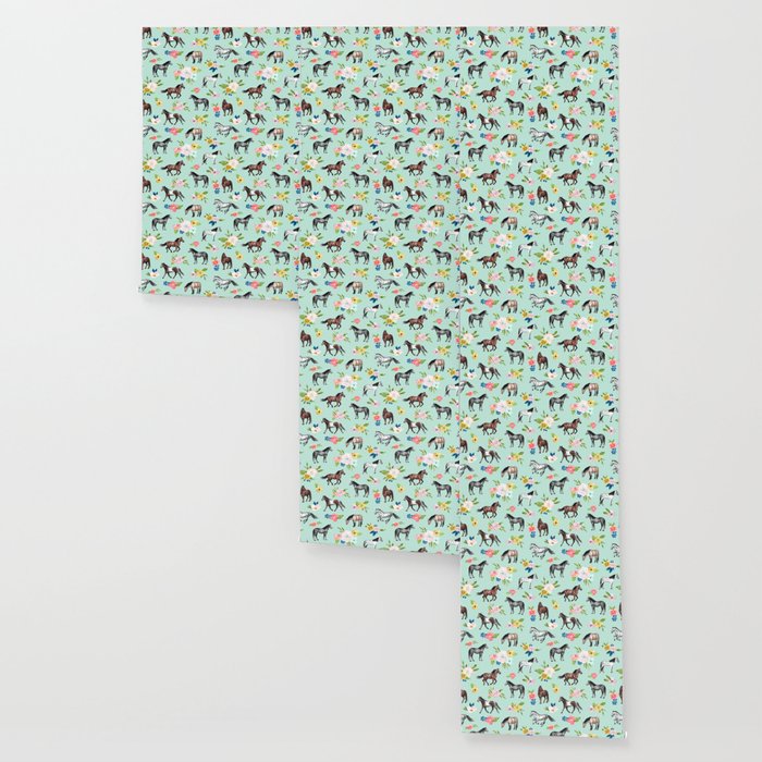 Horse and Flower Print, Mint Blue, Pink flowers, Equestrian, Spring Floral Wallpaper Gallery Image 3