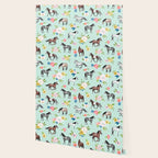 Horse and Flower Print, Mint Blue, Pink flowers, Equestrian, Spring Floral Wallpaper Gallery Image 2