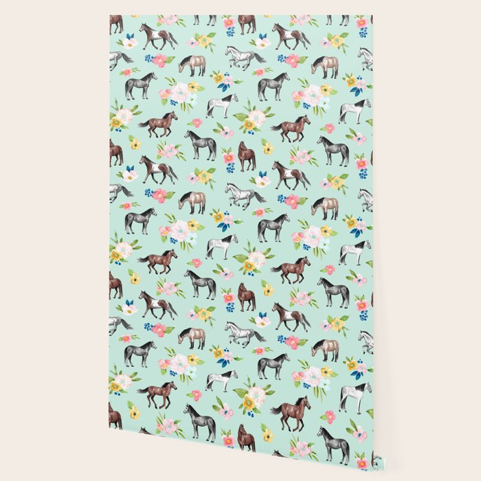 Horse and Flower Print, Mint Blue, Pink flowers, Equestrian, Spring Floral Wallpaper Gallery Image 2