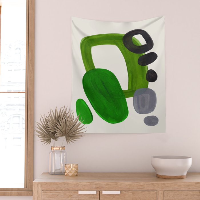 Minimalist Modern Mid Century Colorful Abstract Shapes Olive Green Retro Funky Shapes 60's Vintage Wall Tapestry Gallery Image 2