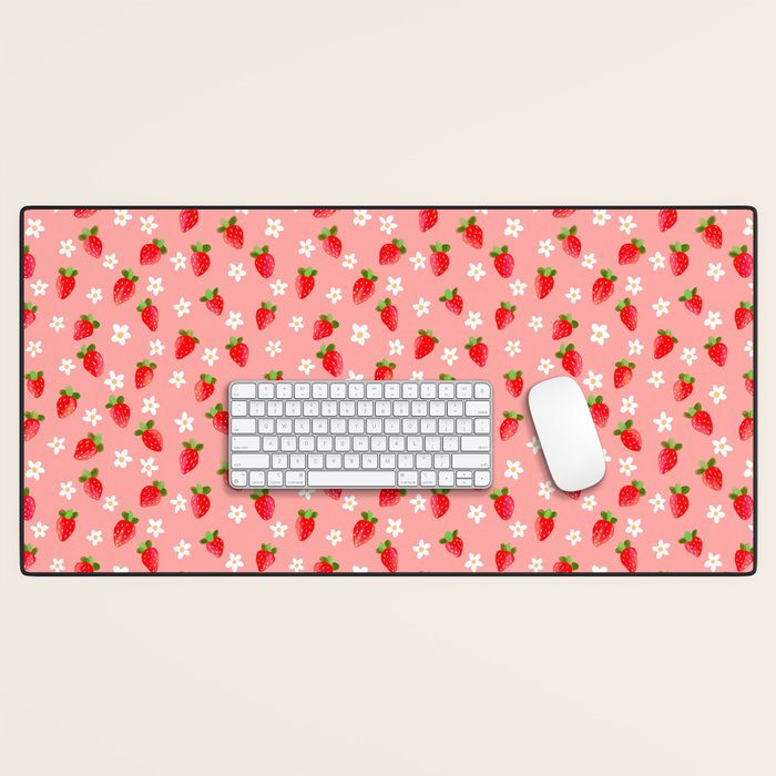 Strawberry Pattern- Pink Background Desk Mat Gallery Image 1