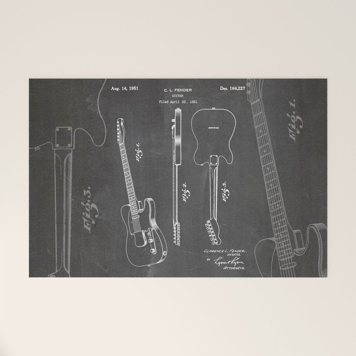 Electric Guitar Patent - Guitar Player Art - Black Chalkboard Welcome Mat Gallery Image 1