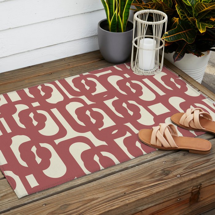 Mid Century Modern Loops Pattern in Maroon and Cream Outdoor Rug Gallery Image 2
