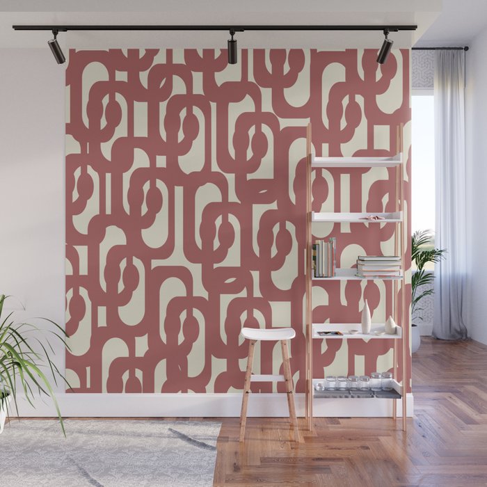 Mid Century Modern Loops Pattern in Maroon and Cream Wall Mural Gallery Image 1