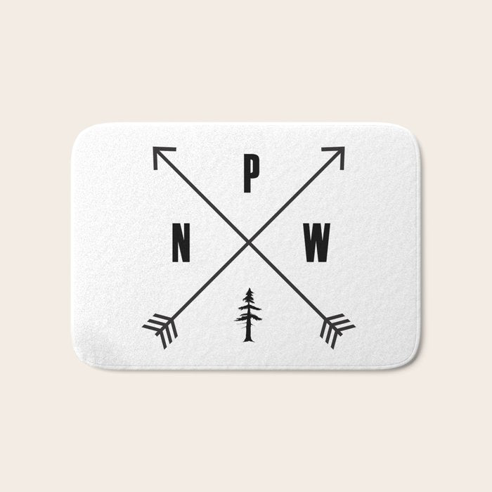 PNW Pacific Northwest Compass - Black and White Forest Bath Mat Gallery Image 1