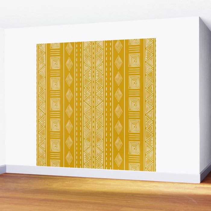 Mustard Yellow Tribal Ethnic Pattern | Sun Illustration | Vertical Stripes Wall Mural Gallery Image 2