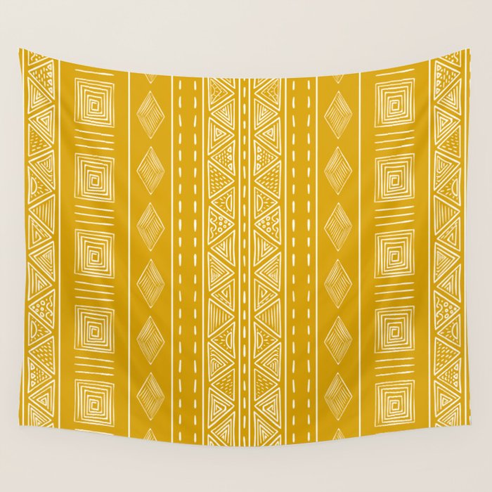 Mustard Yellow Tribal Ethnic Pattern | Sun Illustration | Vertical Stripes Wall Tapestry Gallery Image 1