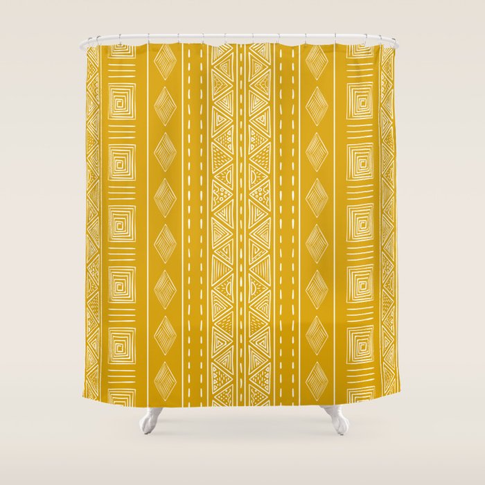 Mustard Yellow Tribal Ethnic Pattern | Sun Illustration | Vertical Stripes Shower Curtain Gallery Image 1
