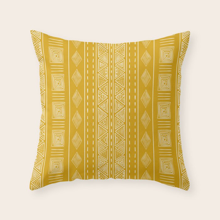 Mustard Yellow Tribal Ethnic Pattern | Sun Illustration | Vertical Stripes Throw Pillow