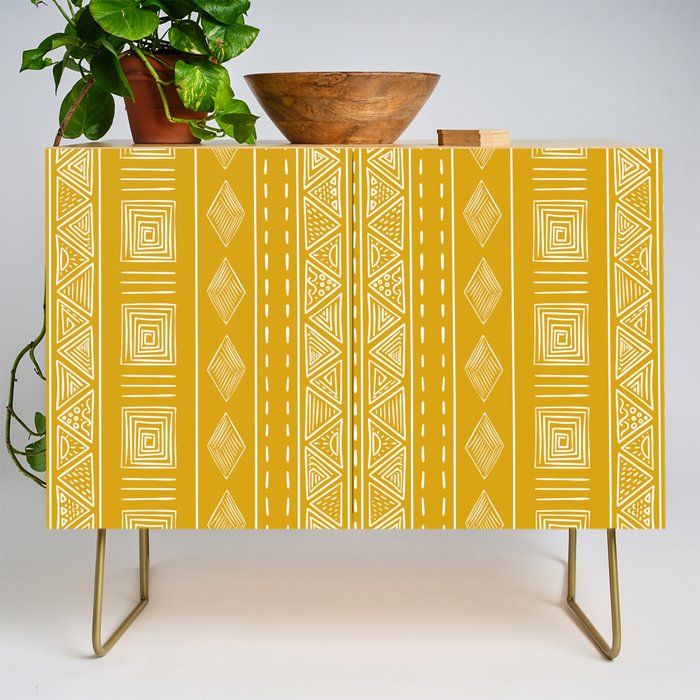Mustard Yellow Tribal Ethnic Pattern | Sun Illustration | Vertical Stripes Credenza Gallery Image 1