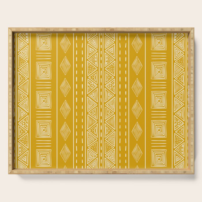 Mustard Yellow Tribal Ethnic Pattern | Sun Illustration | Vertical Stripes Serving Tray Gallery Image 1