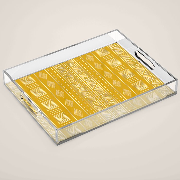 Mustard Yellow Tribal Ethnic Pattern | Sun Illustration | Vertical Stripes Acrylic Tray Gallery Image 1