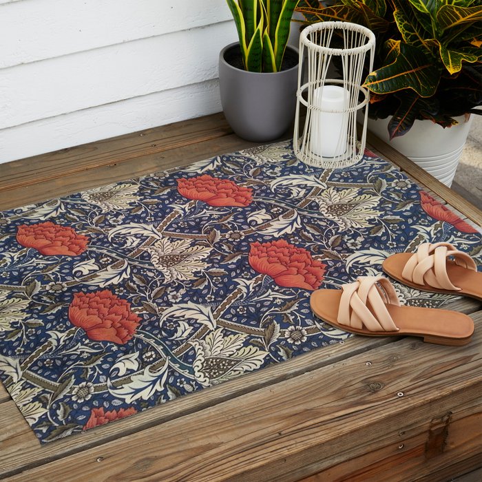 William Morris Windrush Blue Red Vintage Pattern Outdoor Rug Gallery Image 2