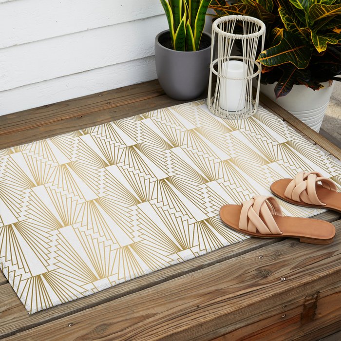 Gold and white geometric Art Deco pattern Outdoor Rug Gallery Image 2