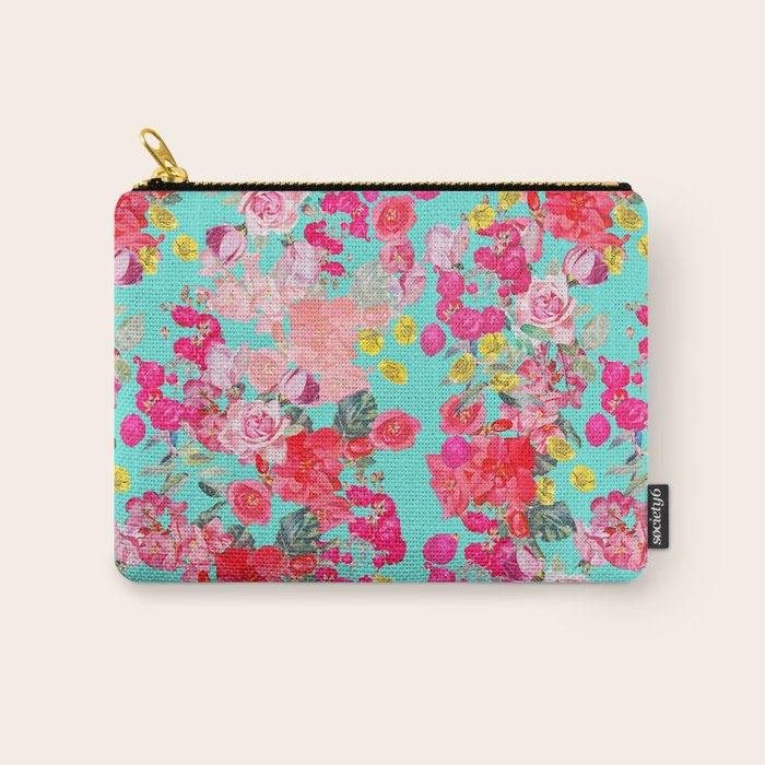 Bright Turquoise/Teal  Antique inspired Floral Print With Hot pink, baby Pink, Coral and Yellow Carry All Pouch Gallery Image 1