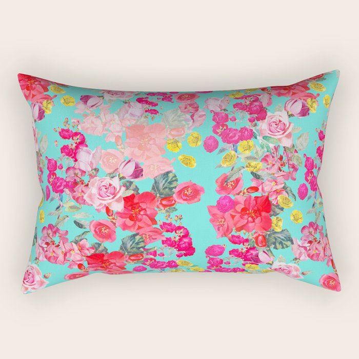Bright Turquoise/Teal  Antique inspired Floral Print With Hot pink, baby Pink, Coral and Yellow Rectangular Pillow Gallery Image 2