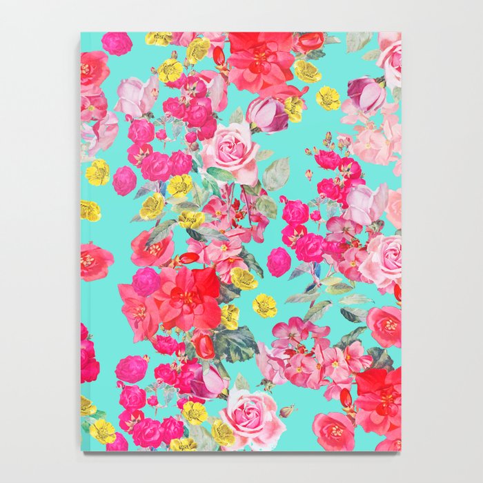 Bright Turquoise/Teal  Antique inspired Floral Print With Hot pink, baby Pink, Coral and Yellow Notebook Gallery Image 4