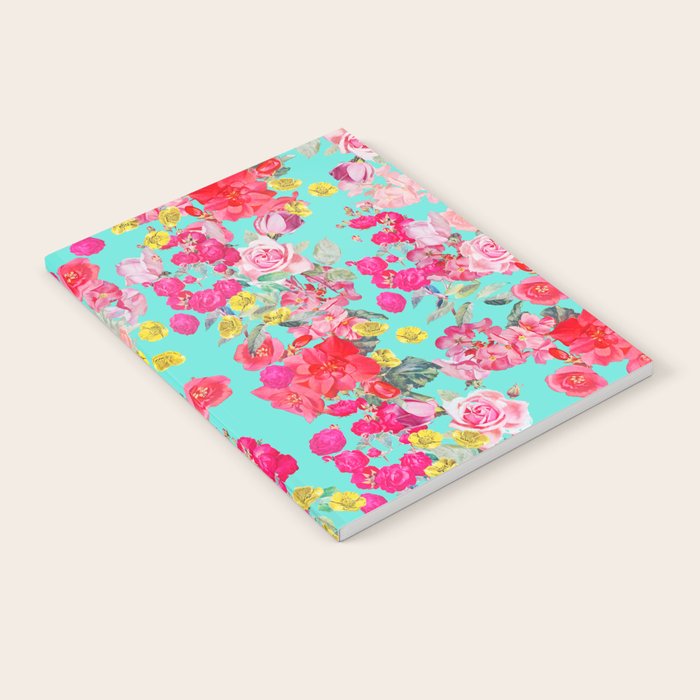 Bright Turquoise/Teal  Antique inspired Floral Print With Hot pink, baby Pink, Coral and Yellow Notebook Gallery Image 1