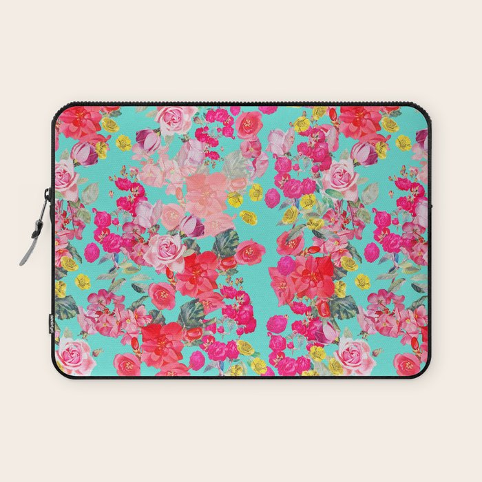 Bright Turquoise/Teal  Antique inspired Floral Print With Hot pink, baby Pink, Coral and Yellow Laptop Sleeve Gallery Image 1