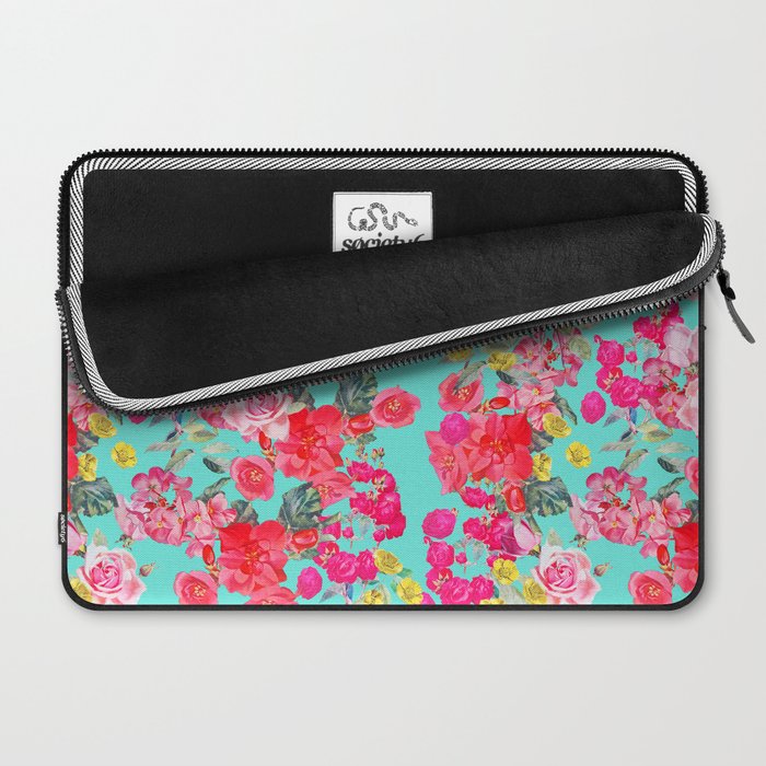 Bright Turquoise/Teal  Antique inspired Floral Print With Hot pink, baby Pink, Coral and Yellow Laptop Sleeve Gallery Image 2