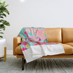 Bright Turquoise/Teal  Antique inspired Floral Print With Hot pink, baby Pink, Coral and Yellow Throw Blanket Gallery Image 1