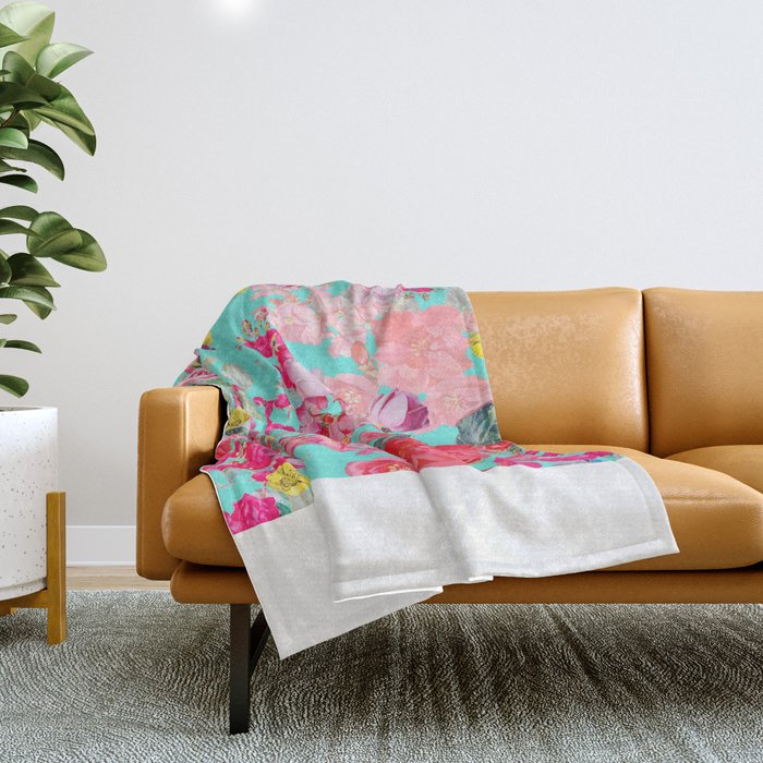 Bright Turquoise/Teal  Antique inspired Floral Print With Hot pink, baby Pink, Coral and Yellow Throw Blanket Gallery Image 1